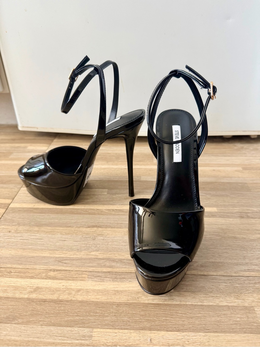 Steve Madden Jezzica Black Patent Platform Stiletto Ankle Strap Heels, 8 NWOT